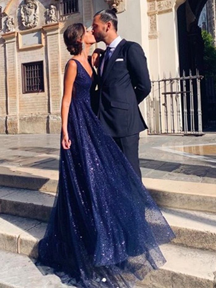 Shiny A Line V Neck Navy Blue Backless Prom Dresses, Open Back Navy Blue Formal Evening Dresses