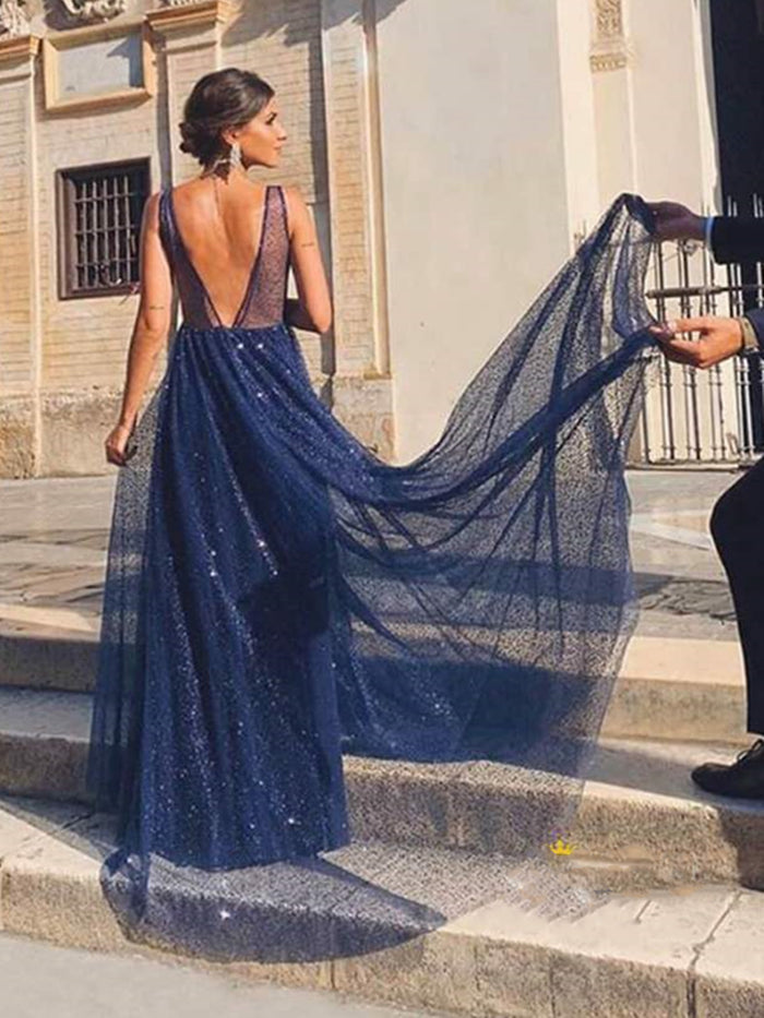 Shiny A Line V Neck Navy Blue Backless Prom Dresses, Open Back Navy Blue Formal Evening Dresses