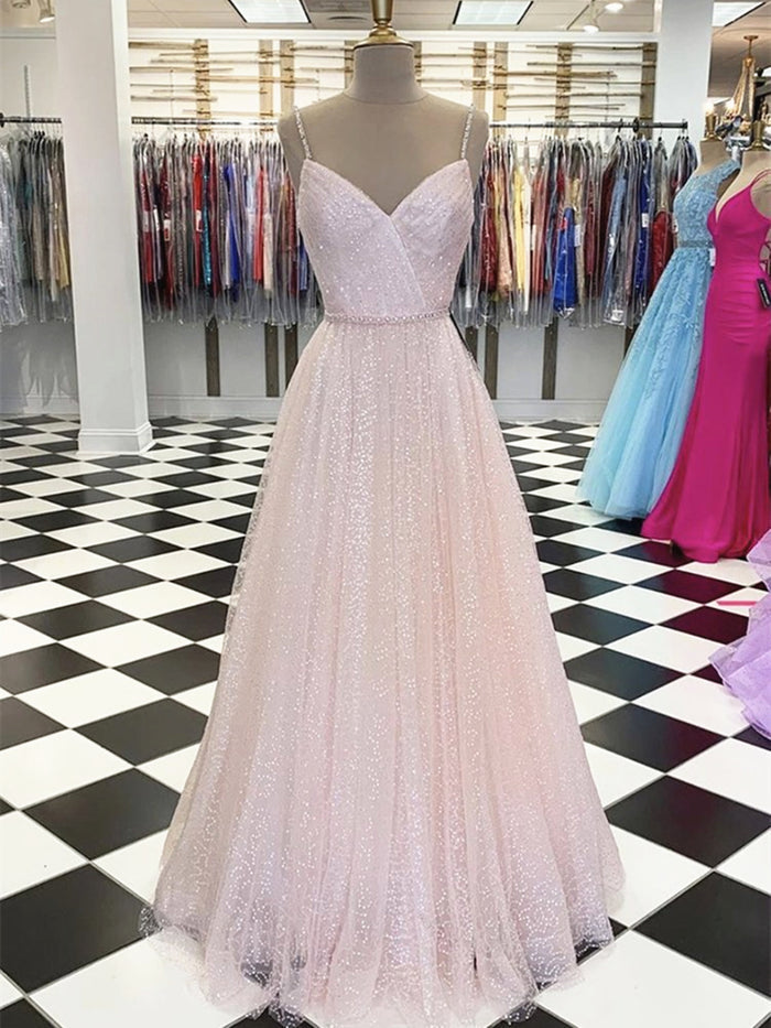 Shiny A Line V Neck Pink Long Prom Dresses, Pink Long Formal Evening Dresses