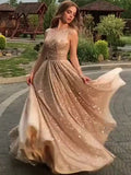 Shiny Champagne Gold Sequins Sleeveless Long Prom Dresses, Shiny Long Formal Evening Dresses