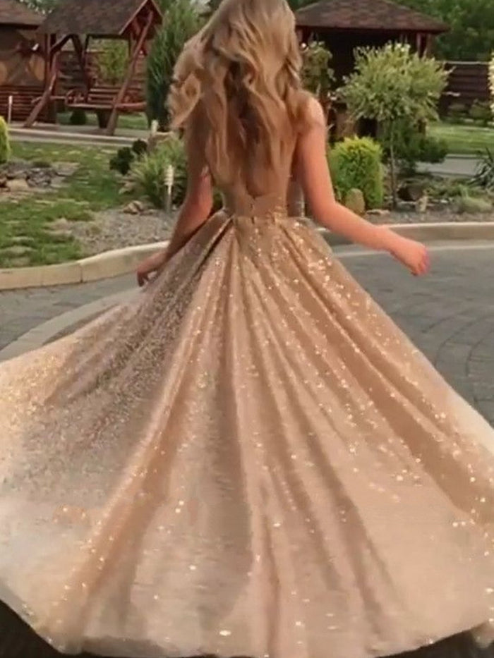 Shiny Champagne Gold Sequins Sleeveless Long Prom Dresses, Shiny Long Formal Evening Dresses