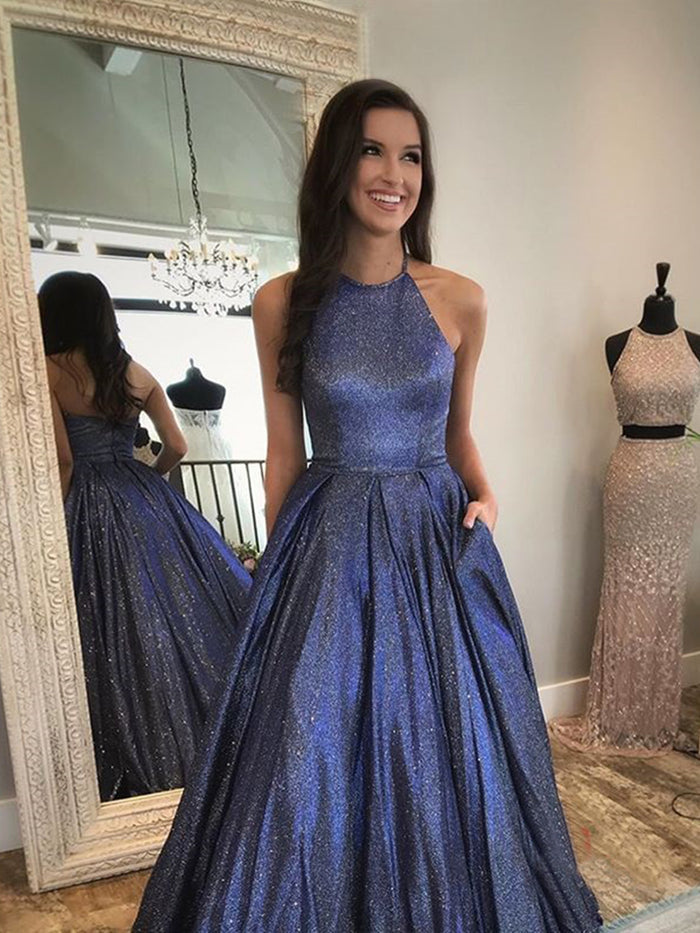 Shiny Halter Neck Long Navy Blue Prom Dresses, Long Blue Formal Evening Dresses