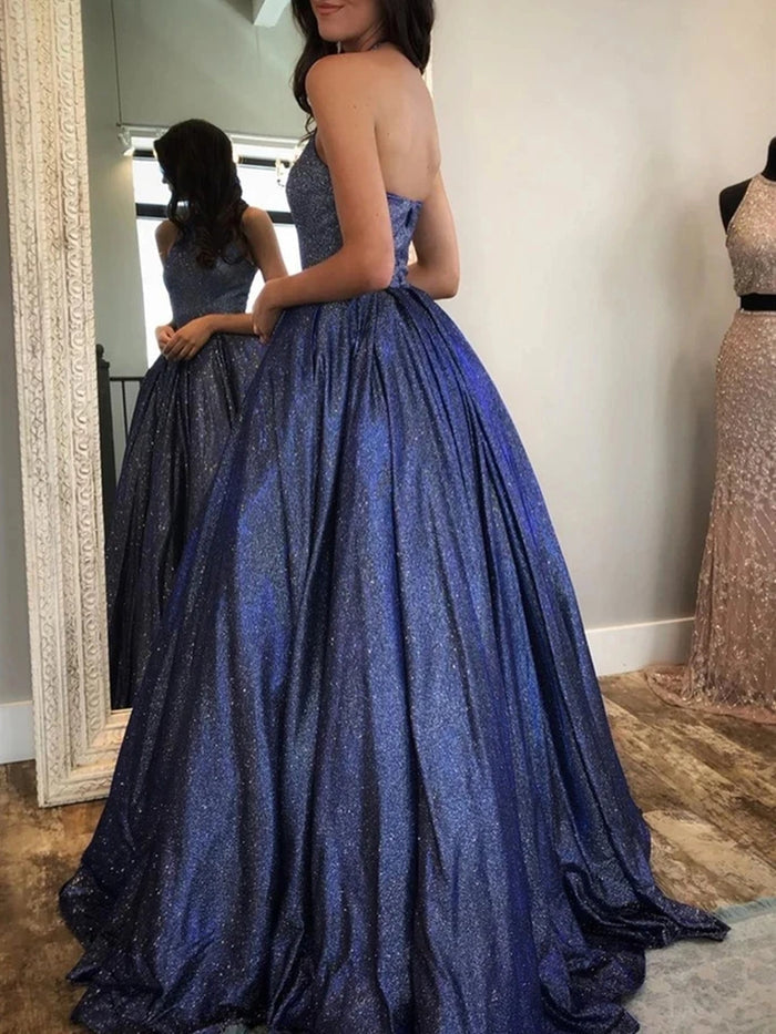 Shiny Halter Neck Long Navy Blue Prom Dresses, Long Blue Formal Evening Dresses