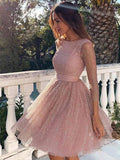 Shiny Long Sleeves Open Back Short Prom Dresses, Short Long Sleeves Backless Formal Homecoming Dresses
