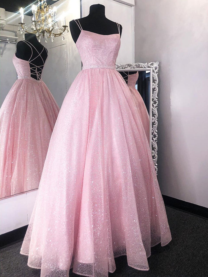 Shiny Pink Backless Long Prom Dresses, Pink Open Back Formal Evening Dresses