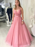 Shiny V Neck Pink Backless Prom Dresses, Pink Open Back Formal Evening Graduation Dresses