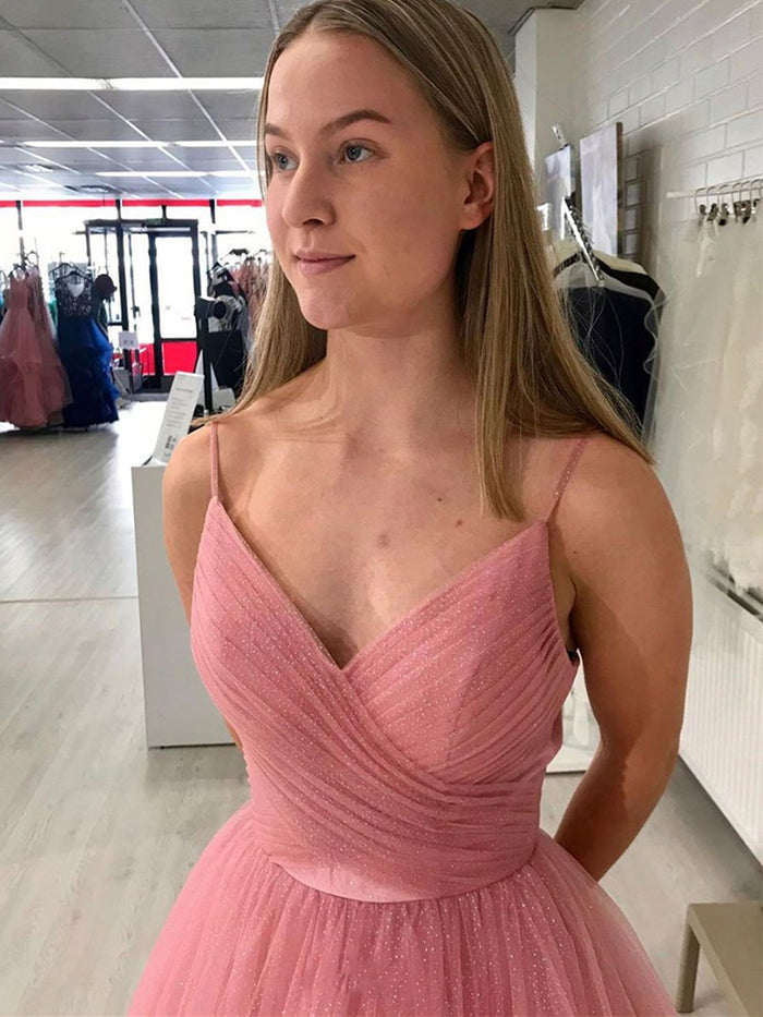 Shiny V Neck Pink Backless Prom Dresses, Pink Open Back Formal Evening Graduation Dresses