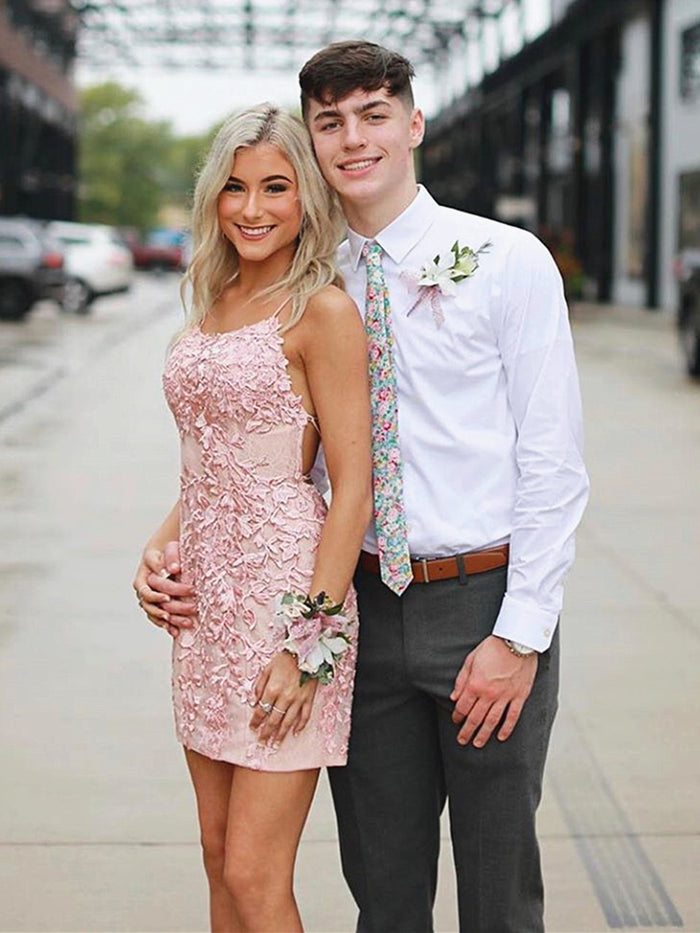 Short Backless Pink Lace Prom Dresses, Short Backless Pink Lace Formal Homecoming Dresses