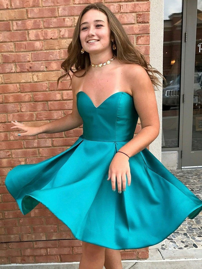 Short Peacock Blue Satin Prom Dresses, Peacock Blue Short Formal Graduation Dresses