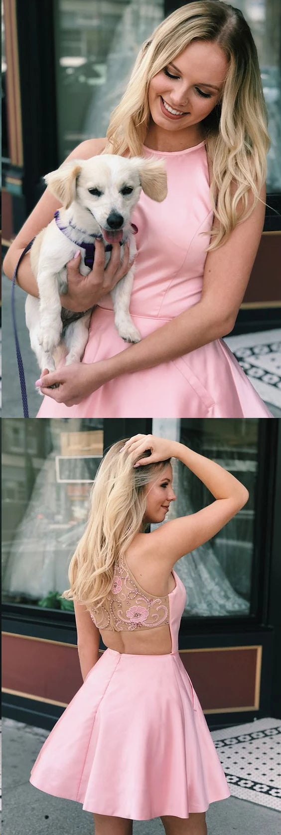 Short Pink Navy Blue Beaded Prom Dresses, Short Pink Navy Blue Formal Graduation Dresses