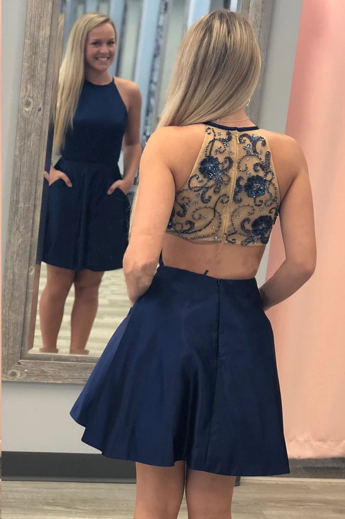 Short Pink Navy Blue Beaded Prom Dresses, Short Pink Navy Blue Formal Graduation Dresses