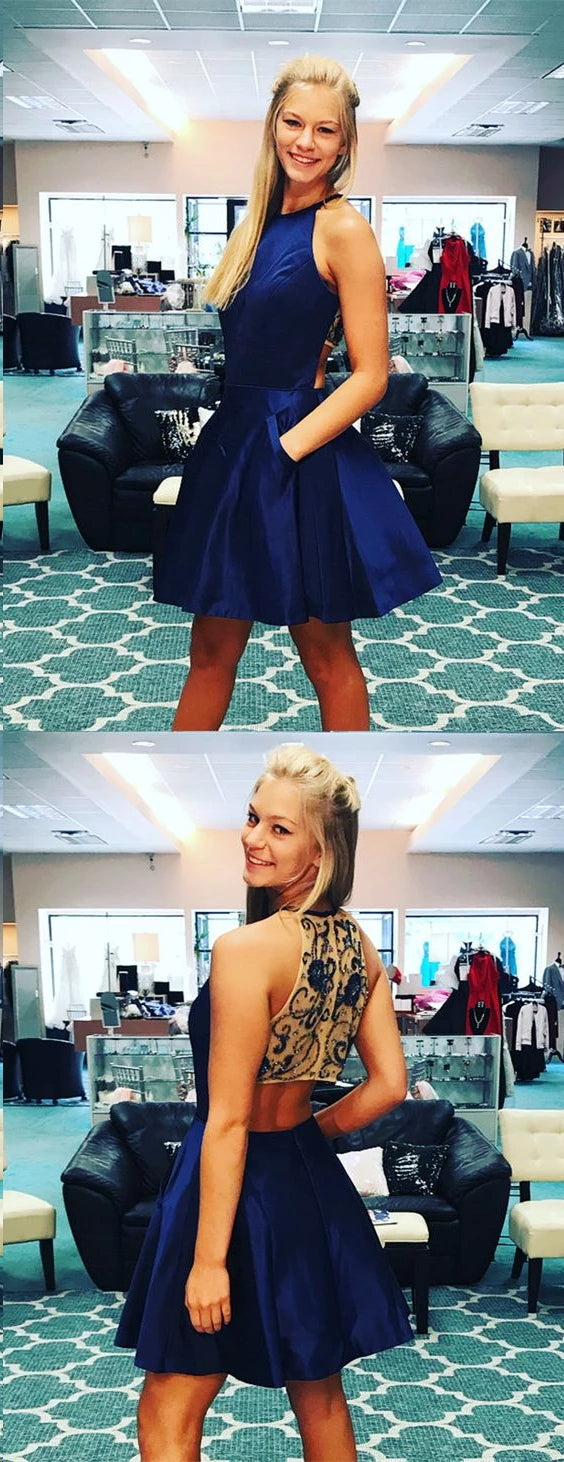 Short Pink Navy Blue Beaded Prom Dresses, Short Pink Navy Blue Formal Graduation Dresses