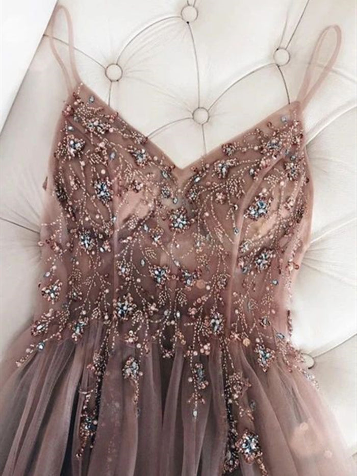 Spaghetti Straps A Line V Neck Champagne Long Beaded Prom Dresses, Champagne V Neck Long Formal Evening Dress with Beadings