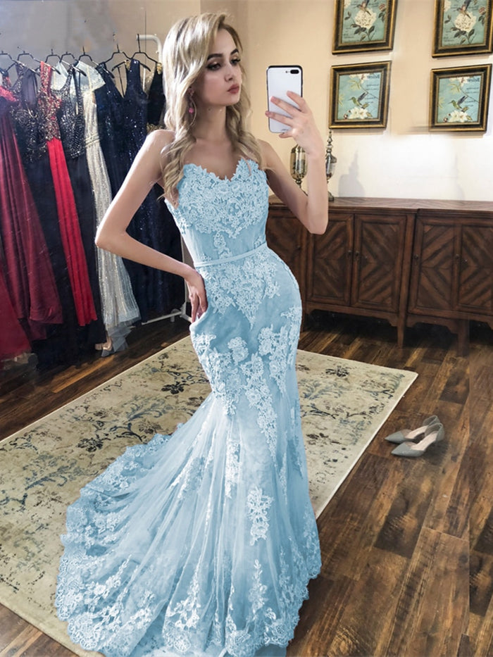 Spaghetti Straps Mermaid Blue Lace Prom Dresses, Mermaid Blue Lace Formal Evening Dresses