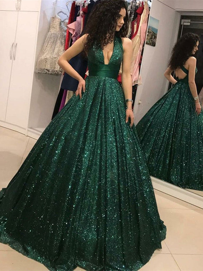 Sparkly A Line V Neck Open Back Dark Green Prom Dress, Backless Green Long Formal Evening Dresses