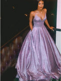 Sparkly A Line V Neck Purple Long Prom Dresses, Shiny Purple Long Formal Evening Dresses
