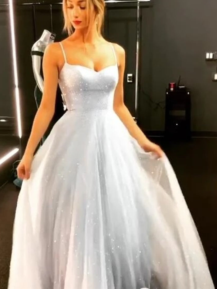 Sparkly Silver Gray Open Back Long Prom Dresses, Silver Gray Long Formal Evening Dresses
