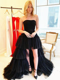 Strapless Black High Low Prom Dresses, Black High Low Formal Graduation Evening Dresses