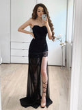 Strapless Black Lace Prom Dresses, Black Lace Formal Evening Bridesmaid Dresses