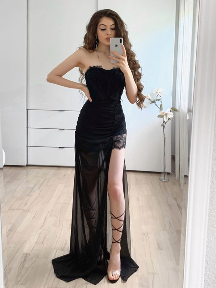 Strapless Black Lace Prom Dresses, Black Lace Formal Evening Bridesmaid Dresses