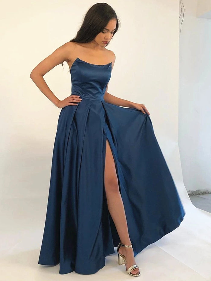 Strapless Navy Blue/Burgundy Prom Dress with Leg Slit, Navy Blue/ Wine Red Formal Evening Bridesmaid Dresses