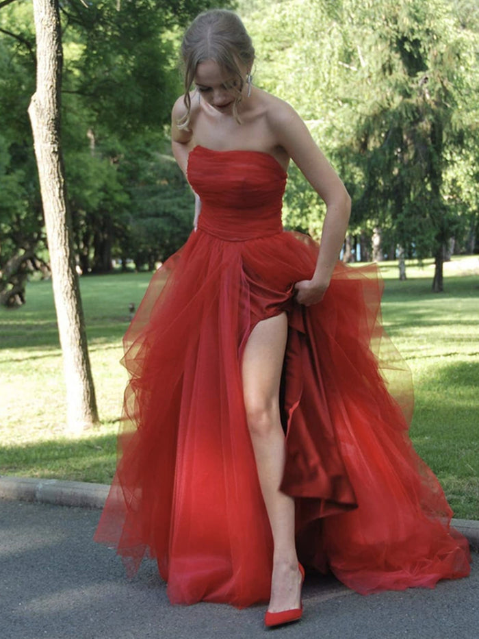 Strapless Red Tulle Long Prom Dresses, Red Tulle Long Formal Evening Dresses