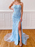Strapless Sky Blue Lace Prom Dresses, Long Blue Lace Formal Evening Dresses