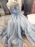 Sweetheart Neck Blue Beaded Long Prom Dresses, Blue Beaded Long Formal Evening Dresses