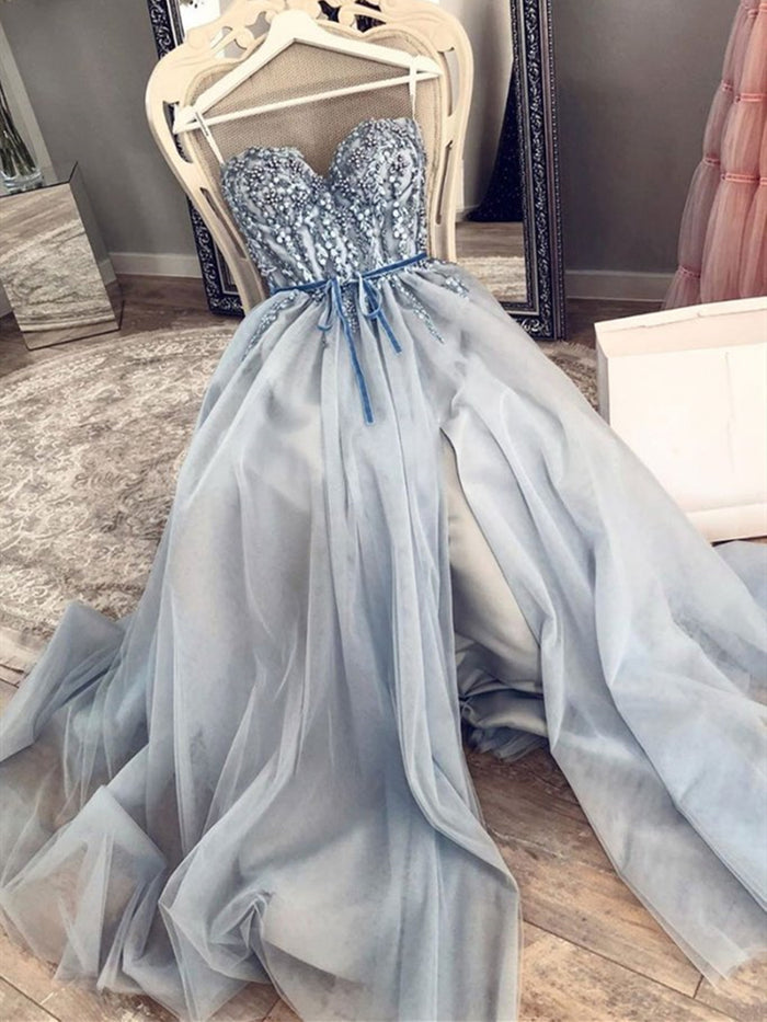Sweetheart Neck Blue Beaded Long Prom Dresses, Blue Beaded Long Formal Evening Dresses