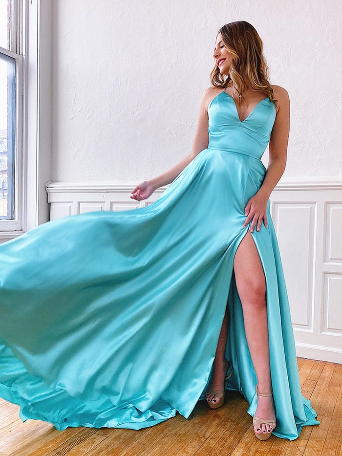 V Neck Aqua Backless Long Prom Dresses, Aqua Backless Long Formal Evening Graduation Dresses