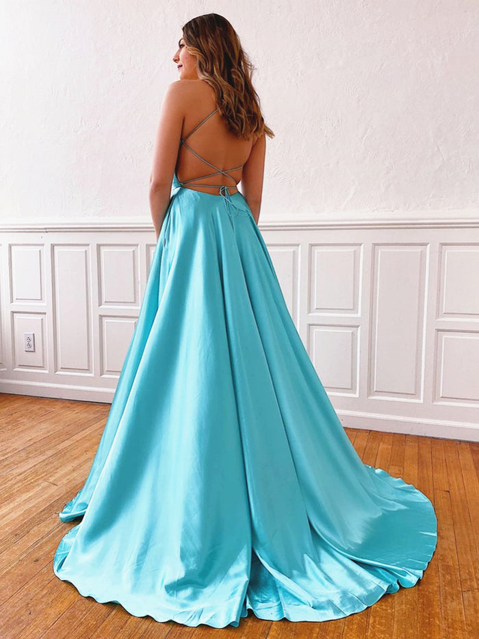 V Neck Aqua Backless Long Prom Dresses, Aqua Backless Long Formal Evening Graduation Dresses
