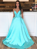 V Neck Backless Aqua Prom Dresses, Aqua Open Back Formal Evening Dresses