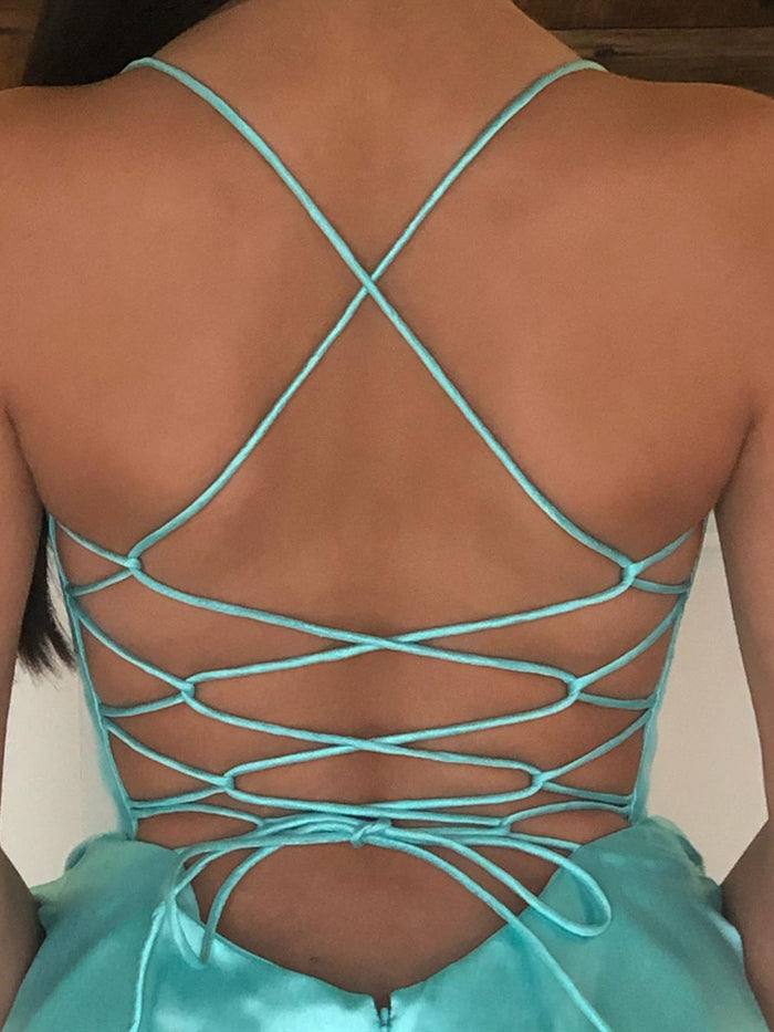 V Neck Backless Aqua Prom Dresses, Aqua Open Back Formal Evening Dresses