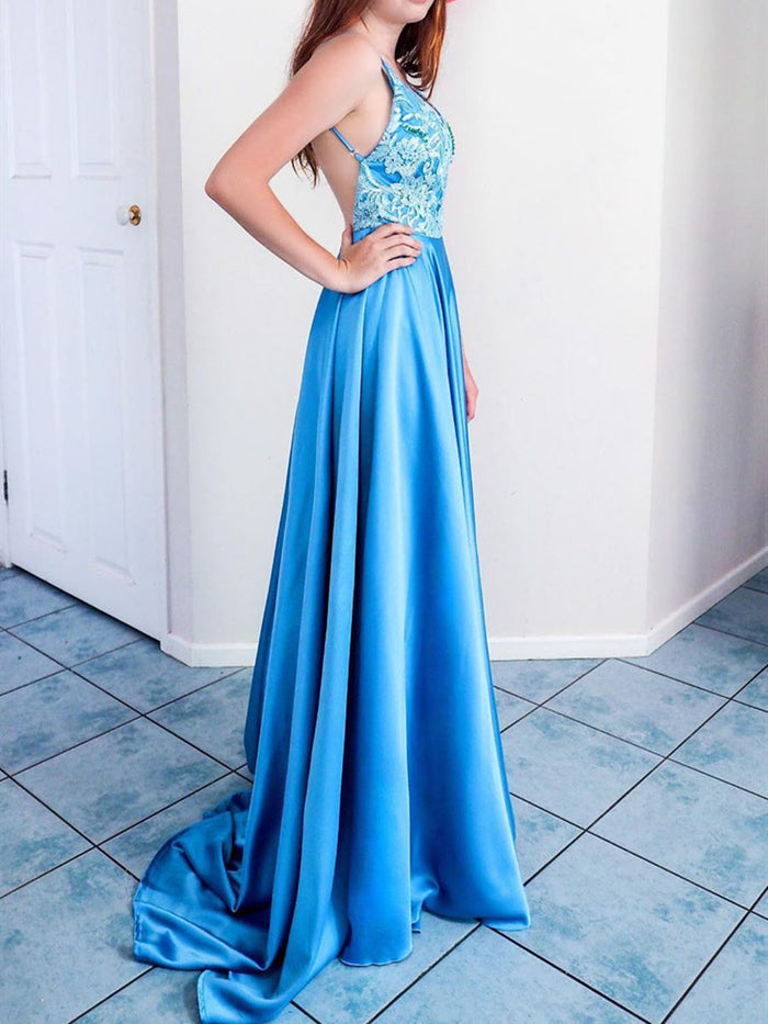 V Neck Backless Blue Prom Dresses, Open Back Blue Lace Formal Evening Dresses