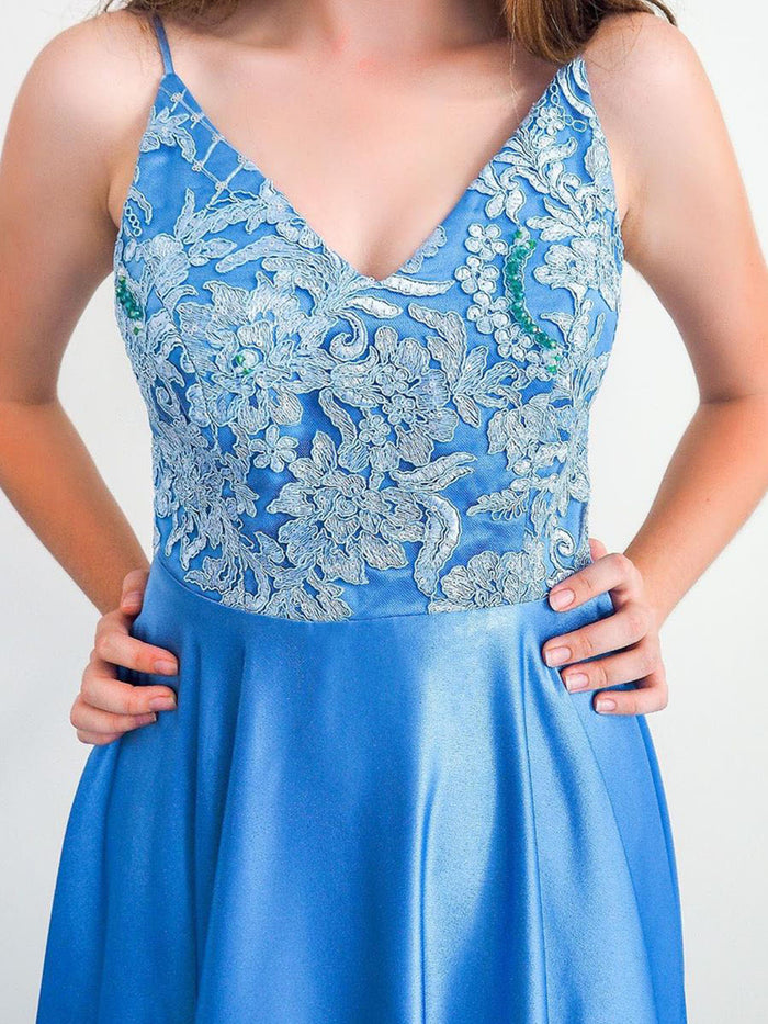 V Neck Backless Blue Prom Dresses, Open Back Blue Lace Formal Evening Dresses