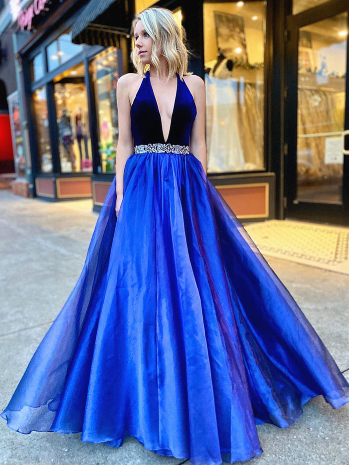 V Neck Backless Blue Prom Dresses, Open Back Blue V Neck Formal Evening Dresses