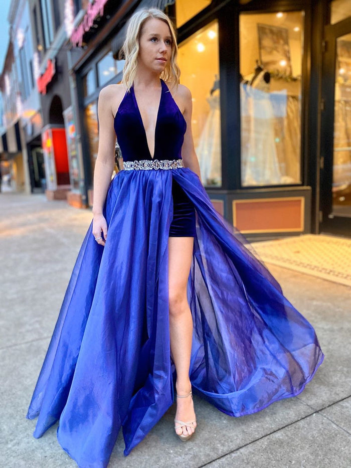 V Neck Backless Blue Prom Dresses, Open Back Blue V Neck Formal Evening Dresses