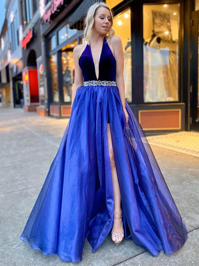 V Neck Backless Blue Prom Dresses, Open Back Blue V Neck Formal Evening Dresses