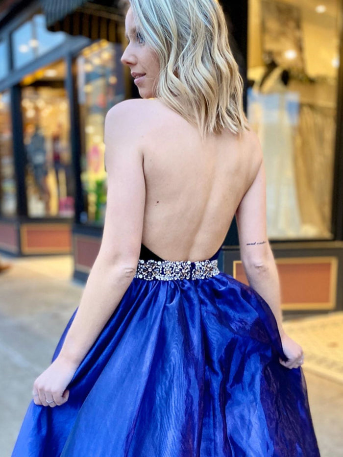 V Neck Backless Blue Prom Dresses, Open Back Blue V Neck Formal Evening Dresses