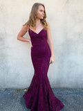 V Neck Backless Mermaid Purple Lace Prom Dresses, Backless Purple Lace Mermaid Formal Evening Dresses