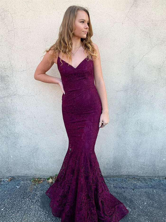V Neck Backless Mermaid Purple Lace Prom Dresses, Backless Purple Lace Mermaid Formal Evening Dresses