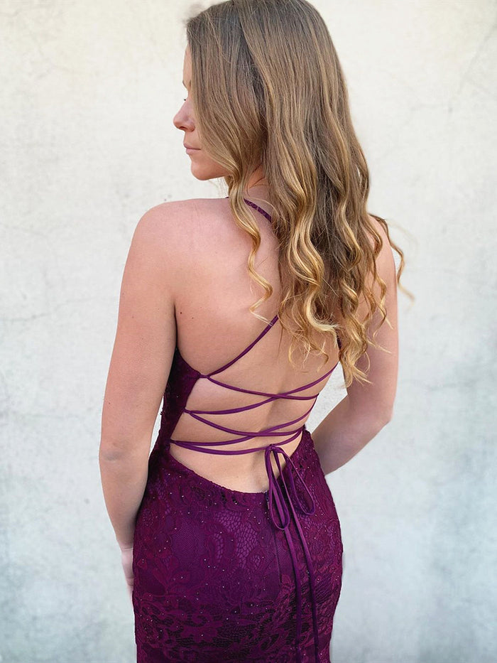 V Neck Backless Mermaid Purple Lace Prom Dresses, Backless Purple Lace Mermaid Formal Evening Dresses