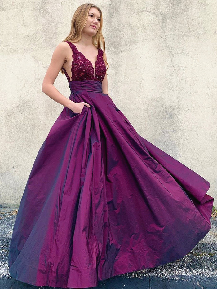 V Neck Backless Purple Lace Prom Dresses, V Neck Open Back Purple Lace Formal Evening Dresses