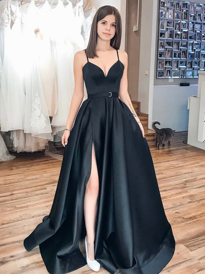 V Neck Black Satin Prom Dresses, Black Long Formal Evening Graduation Dresses