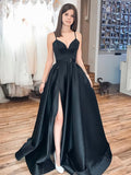V Neck Black Satin Prom Dresses, Black Long Formal Evening Graduation Dresses