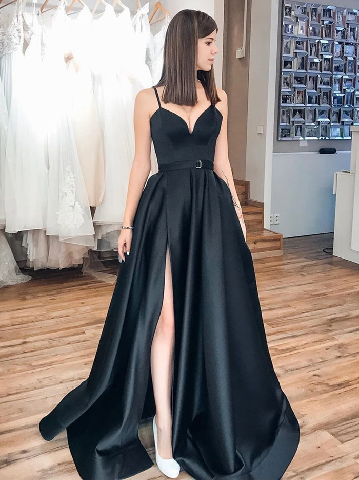 V Neck Black Satin Prom Dresses, Black Long Formal Evening Graduation Dresses