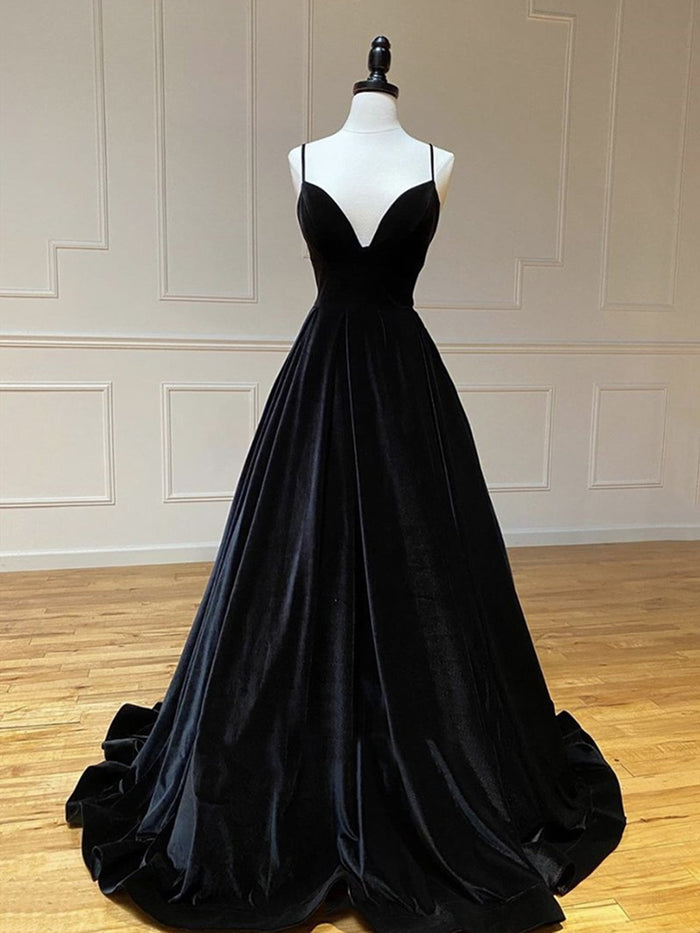 V Neck Black Velvet Long Prom Dresses, Black V Neck Long Formal Evening Graduation Dresses
