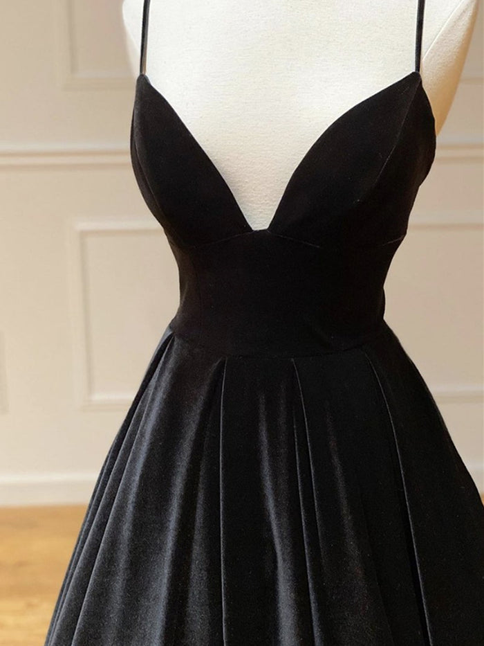 V Neck Black Velvet Long Prom Dresses, Black V Neck Long Formal Evening Graduation Dresses