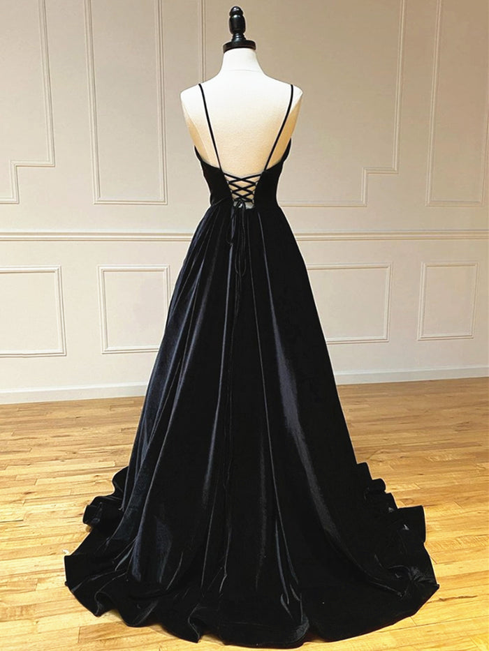 V Neck Black Velvet Long Prom Dresses, Black V Neck Long Formal Evening Graduation Dresses