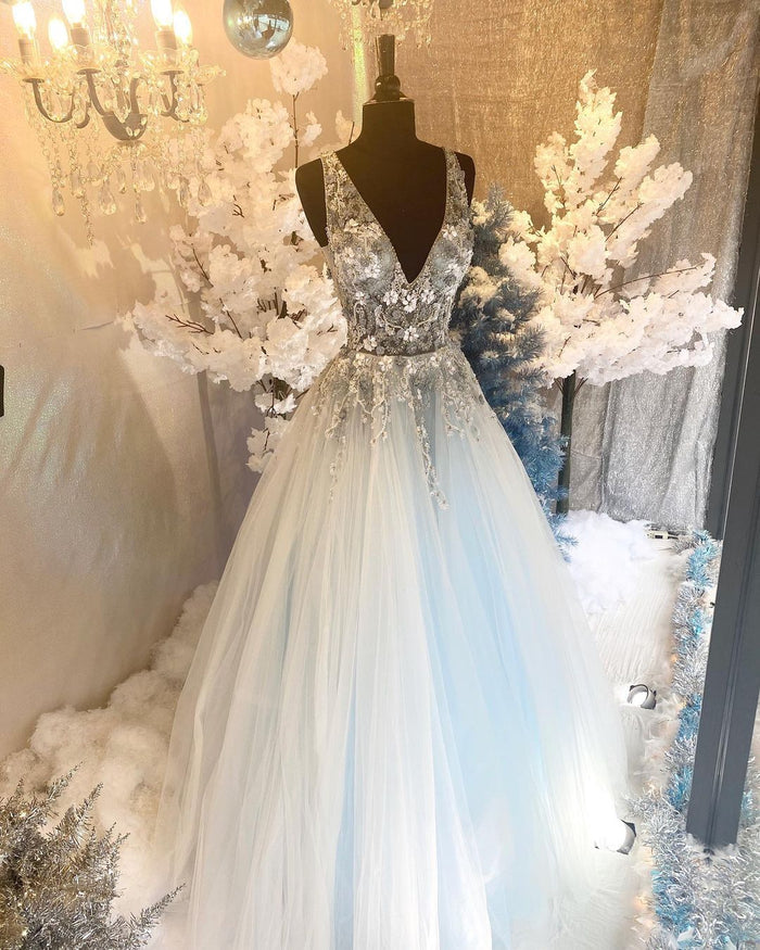 V Neck Blue Lace Floral Long Prom Dresses, Backless Long Blue Lace Formal Evening Dresses